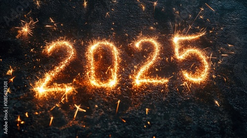 A close-up of sparkling numbers 2025, festive mood, on a blurred dark background, concept of New Year celebration