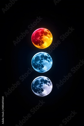 Obraz na płótnie Tree vertical Moons on a black background. Red, yellow, blue, and white colors. Mystery, tarot, astrology, concept. w salonie