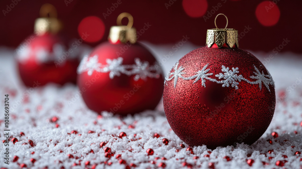 Festive red Christmas ornaments with snowflake designs on snowy background create joyful holiday atmosphere. Perfect for seasonal decorations and celebrations Festive red Christmas ornaments with snowflake designs on snowy background create joyful holiday atmosphere. Perfect for seasonal decorations and celebrations