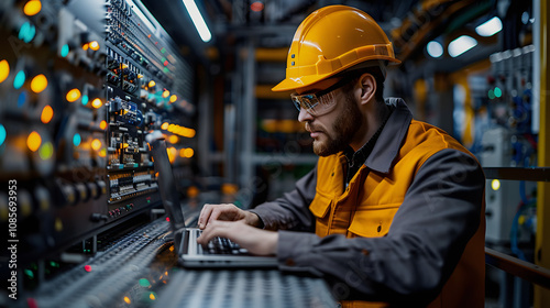 the electrician works with a laptop during programming of machines in the electrical production factory. work in electrical industry with white shades, vintage, png