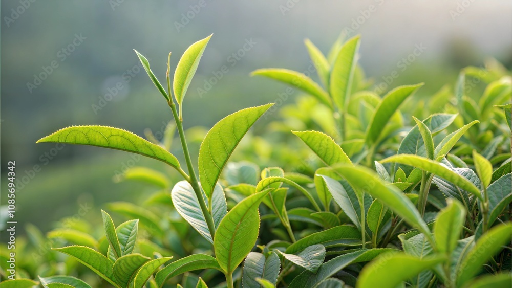 Obraz premium Green tea plants growing in lush environment, showcasing vibrant leaves in natural landscape 