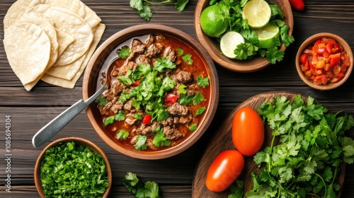 Delicious and Cozy Birria in Glossy Spicy Broth with Fresh Ingredients and Tortillas Surrounded by Colorful Greenery and Slices of Lime on a Wooden Table