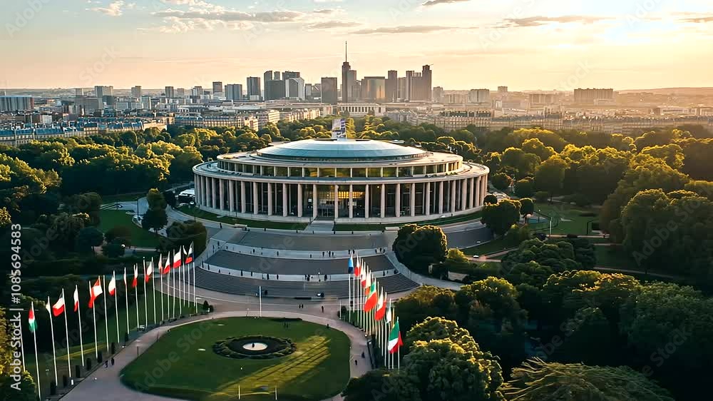Aerial View of UNESCO Headquarters in Paris with Flags