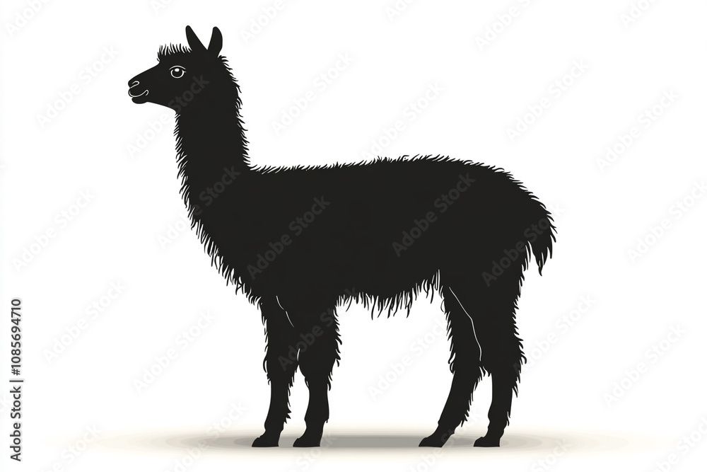Fototapeta premium Black Silhouette of a Fluffy Alpaca Standing Sideways