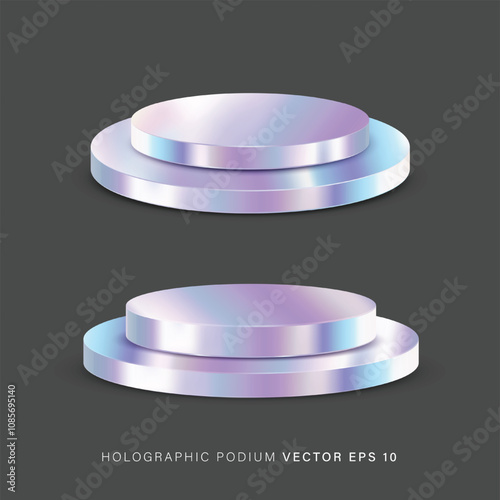 Round holographic podium for promo and presentation. vector illustration set of metal display platform with holographic effect.