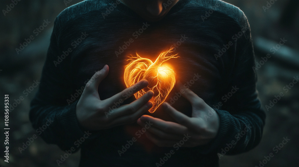 A man holding his chest with an orange, glowing heart in front of him, dark background, fantasy art style, cinematic, close-up, symmetrical composition, cinematic, photography