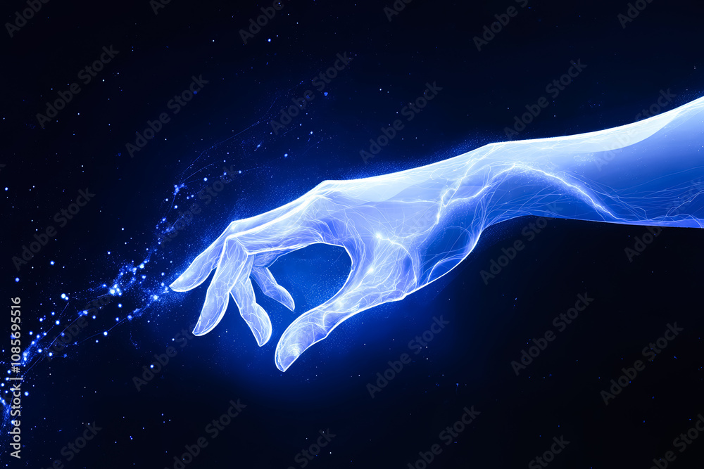 Glowing human hand pointing at light beam against dark background. Modern futuristic digital technology concept. Glowing human hand pointing at light beam against dark background. Modern futuristic digital technology concept.