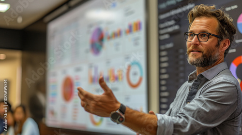 Presentation in office  meeting room with analyst team utilize BI Fintech to analyze financial data. Businesspeople analyzing BI dashboard power display on screen for strategic planning