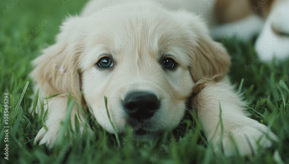Adorable Golden Retriever Puppy Lying on Green Grass, Detailed Black Nose and Blue Eyes, Blurred Background, Another Dog Playing Nearby, Endearing Nature Moments Adorable Golden Retriever Puppy Lying on Green Grass, Detailed Black Nose and Blue Eyes, Blurred Background, Another Dog Playing Nearby, Endearing Nature Moments