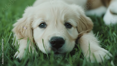 Adorable Golden Retriever Puppy Lying on Green Grass, Detailed Black Nose and Blue Eyes, Blurred Background, Another Dog Playing Nearby, Endearing Nature Moments