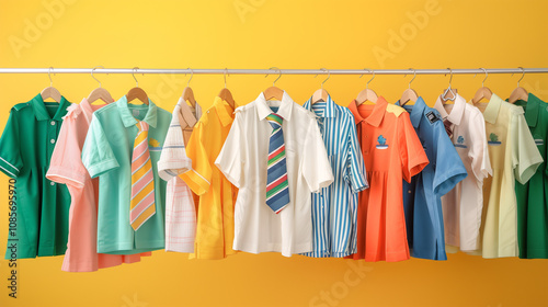 Rack with stylish school uniform near yellow color wall