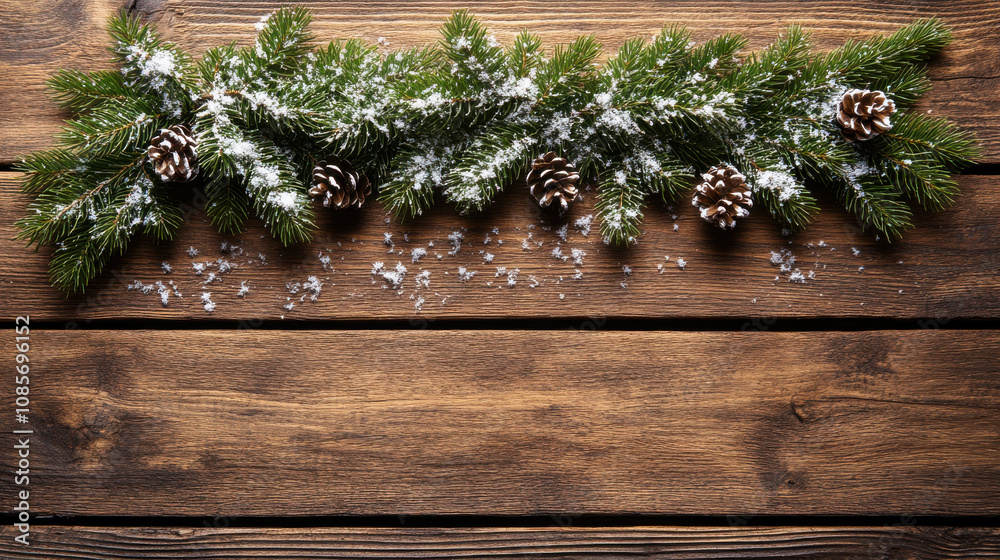 Fototapeta premium festive arrangement of pine branches with snowflakes and pine cones on wooden background, evoking cozy winter atmosphere