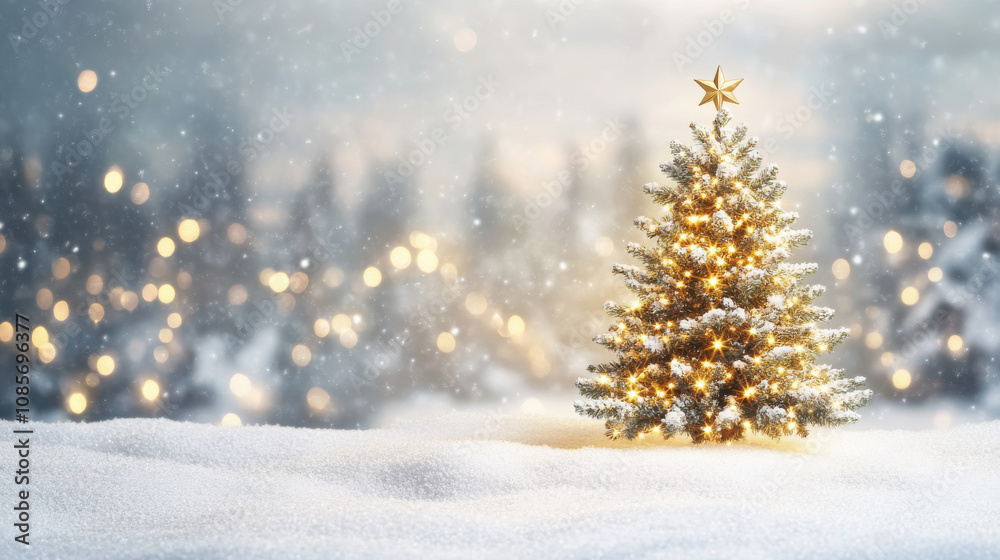 beautifully decorated Christmas tree stands in snowy landscape, illuminated by warm lights, creating magical winter atmosphere beautifully decorated Christmas tree stands in snowy landscape, illuminated by warm lights, creating magical winter atmosphere