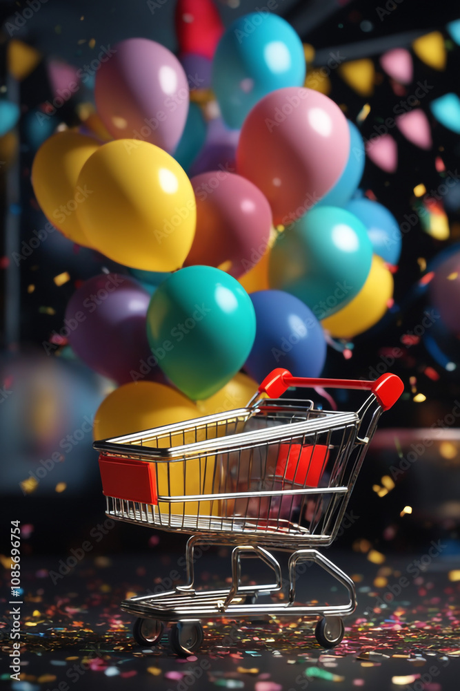 A shopping bag and a shopping cart with balloons and confetti in colored background A shopping bag and a shopping cart with balloons and confetti in colored background