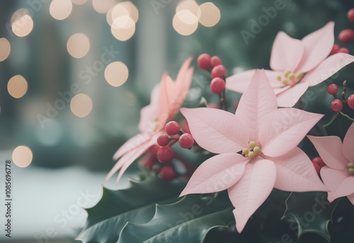 Pink poinsettia plant and hibiscus beads, space for text, Christmas emotions image, background image with bokeh lights