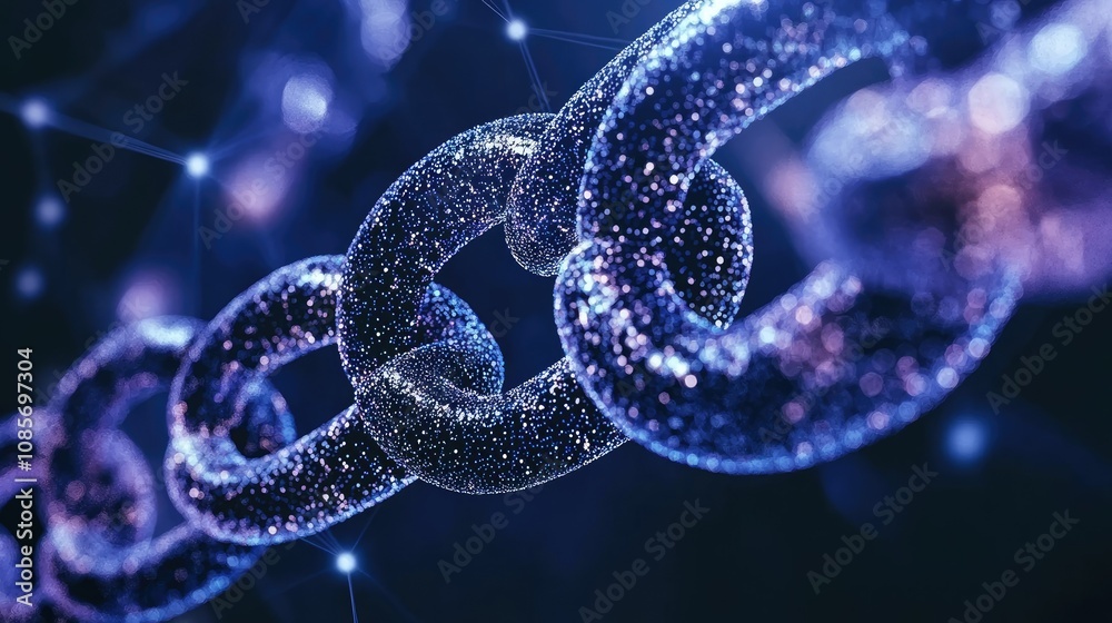 Abstract close-up of a glowing chain link featuring a starry electric effect that symbolizes technology, connection, and innovation in a digital world Abstract close-up of a glowing chain link featuring a starry electric effect that symbolizes technology, connection, and innovation in a digital world