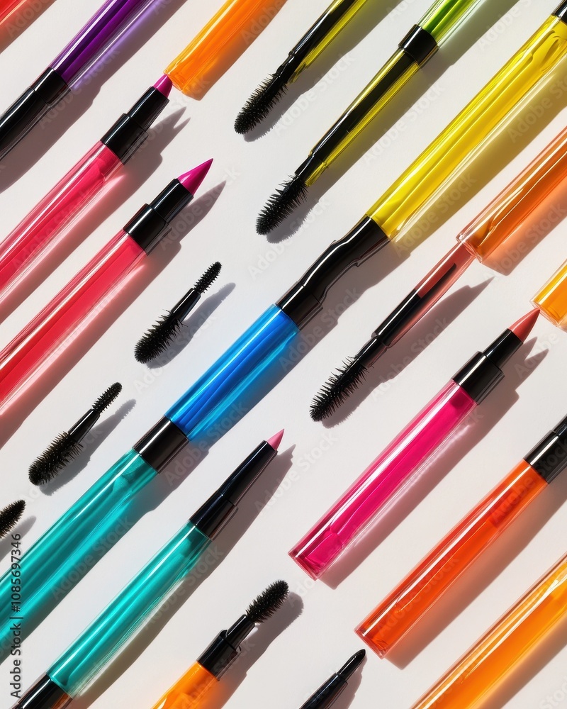 Vibrantly hued eyeliner tubes are elegantly displayed against a crisp white backdrop, captivating the attention of makeup aficionados. Vibrantly hued eyeliner tubes are elegantly displayed against a crisp white backdrop, captivating the attention of makeup aficionados.