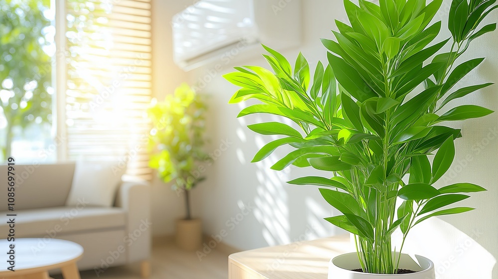 Sunlit modern living room with lush green indoor plants and comfortable sofa Sunlit modern living room with lush green indoor plants and comfortable sofa