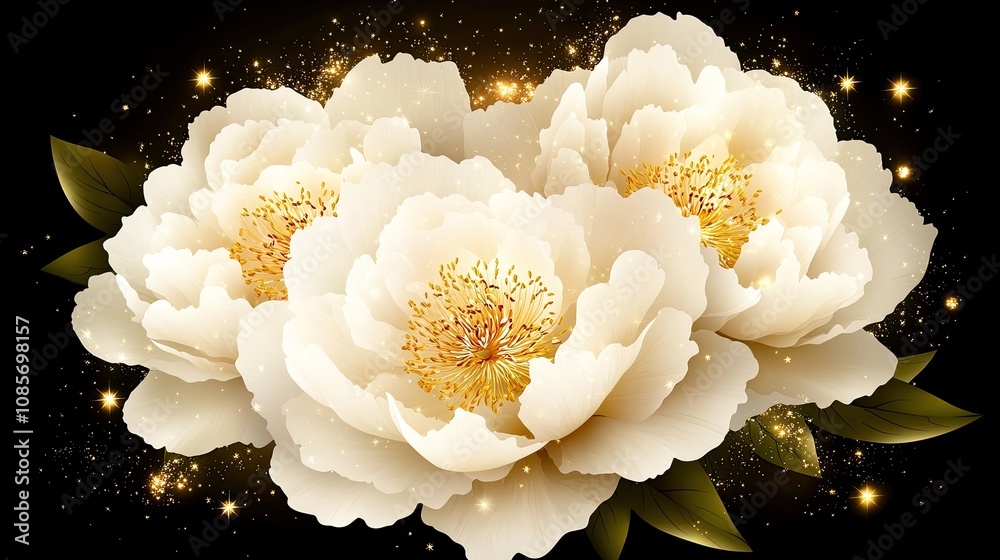 A vibrant depiction showcases three intricately detailed white peonies adorned with golden stamens and leaves, set against a dark, starry backdrop A vibrant depiction showcases three intricately detailed white peonies adorned with golden stamens and leaves, set against a dark, starry backdrop