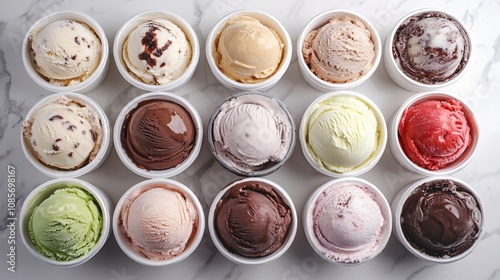 Aerial Perspective of Assorted Ice Cream Flavors in White Bowls on Marble Surface, Perfect for Summer Treats and Dessert Inspiration photo