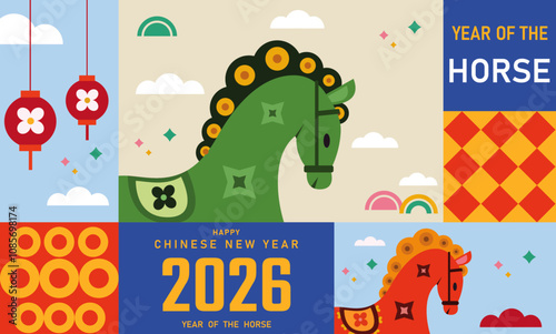 2026 Happy Chinese new year postcard 2026 Year of horse. Symbol of Chinese New Year. 2026 horse symbol of the new year, banner, poster, card template, 2026 CNY, greeting card, social media post