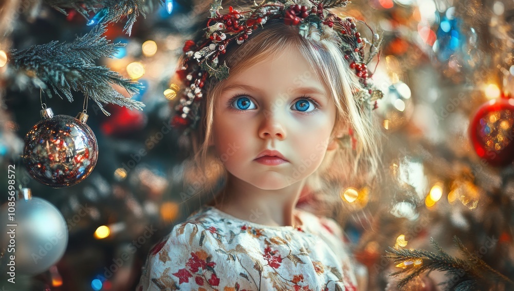 Cute Little Girl Surrounded by Christmas Decorations, Wearing Festive Headband and White Dress with Red Floral Patterns