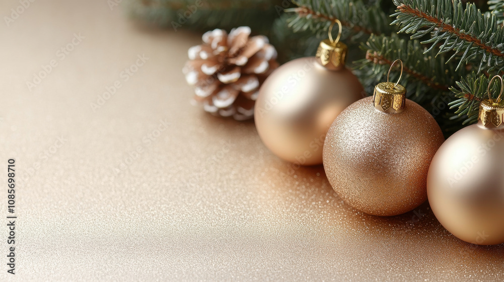 Fototapeta premium Golden Christmas ornaments and pine cone on festive background create warm holiday atmosphere. Perfect for seasonal decorations and celebrations