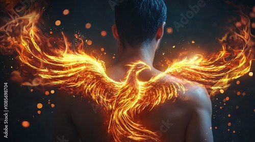 Fiery Phoenix Tattoo Glowing with Elemental Energy on Figure s Back photo