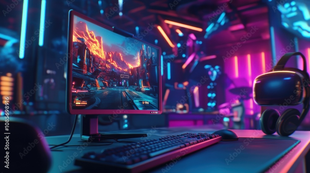 A modern gaming setup with a computer monitor, keyboard, mouse, and VR headset on a desk illuminated by neon lights. A modern gaming setup with a computer monitor, keyboard, mouse, and VR headset on a desk illuminated by neon lights.