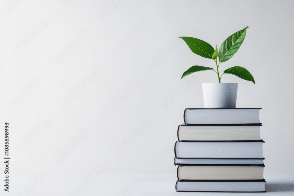 Growth and Knowledge Concept: Green Plant in a White Pot on Stack of Books Growth and Knowledge Concept: Green Plant in a White Pot on Stack of Books