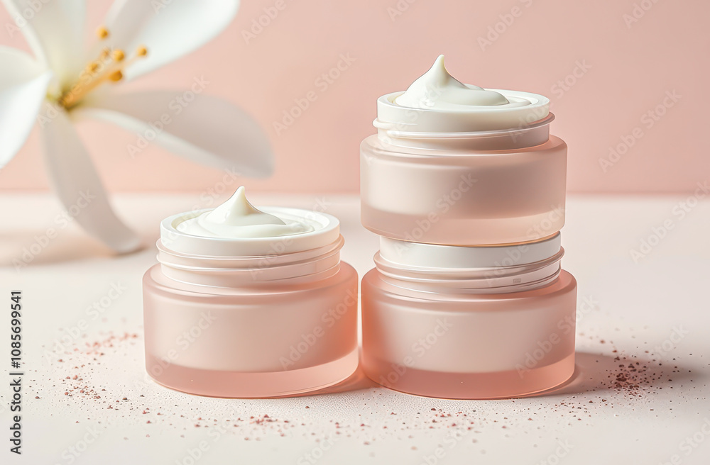Tree Jars of Delicate Face, Body, and Eye Cream - Beauty, Advertisement, Cosmetics, Skincare, Beauty Routine, Mockup Tree Jars of Delicate Face, Body, and Eye Cream - Beauty, Advertisement, Cosmetics, Skincare, Beauty Routine, Mockup
