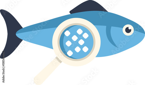 Magnifying glass inspecting a fish for mercury contamination, emphasizing the importance of food safety and quality control in the seafood industry