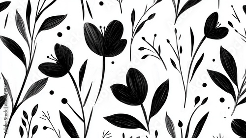 Seamless pattern with black a brush flowers,Hand drawn monochrome ornaments with linear flowers.Geunge floral elements,Ink drawing wild plants, herbs or flowers.organic background photo