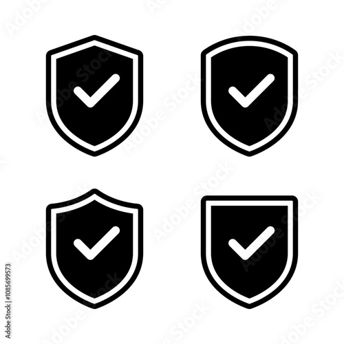 Shield guard with check mark icon set. Defense, security with checkmark sign symbol