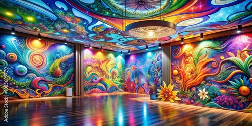 Vibrant Psychedelic Interior Design - Room with Colorful Murals, Abstract Ceiling, and Wooden Floor, Interior Design, Colorful Murals, Abstract Art