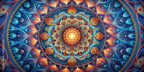 The Cosmic Mandala A Symphony of Blue and Gold, Digital Art, Fractal Design, Mandala, Symmetry, Abstract Art, Pattern