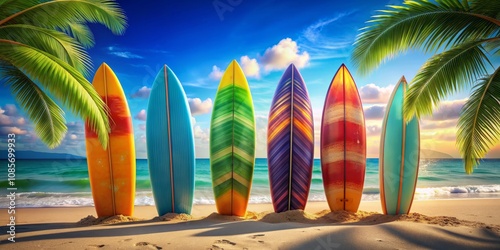 Surfboard Lineup on Sandy Beach with Palm Trees, Summer , Beach , Surfing photo