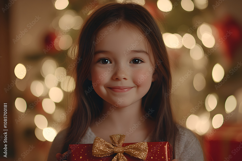 Cute happy girl with red present gift box. Christmas tree light bokeh on background. Kid enjoy holiday and preparing to celebrate New Year eve. Xmas Greeting card or banner with copy space. Cute happy girl with red present gift box. Christmas tree light bokeh on background. Kid enjoy holiday and preparing to celebrate New Year eve. Xmas Greeting card or banner with copy space.
