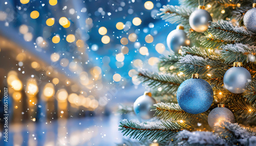 A snow-covered Christmas tree with glittering blue and silver ornaments, surrounded by glowing lights in the background