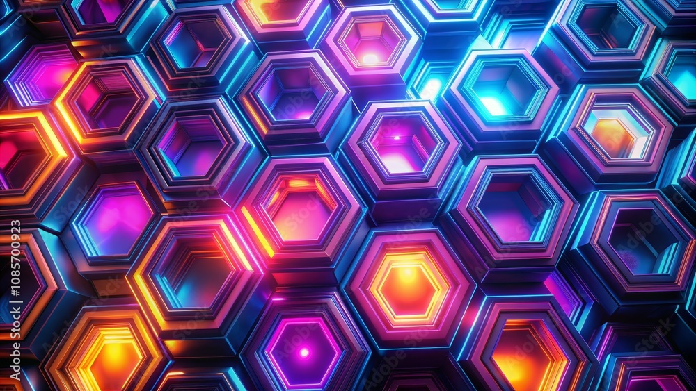 Neon Hexagon Structure with Glowing Lights, 3D Render, Abstract Background, Hexagon, Geometric, Abstract Neon Hexagon Structure with Glowing Lights, 3D Render, Abstract Background, Hexagon, Geometric, Abstract