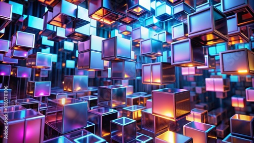 Neon Glow Cubes Abstract 3D Rendering, 3D rendering, abstract, design
