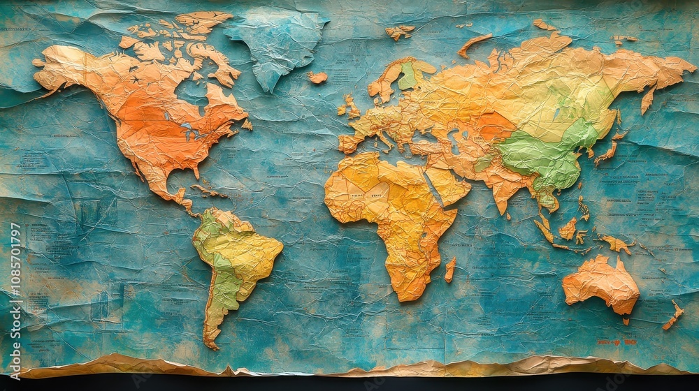 Retro world map, wrinkled paper texture Retro world map, wrinkled paper texture