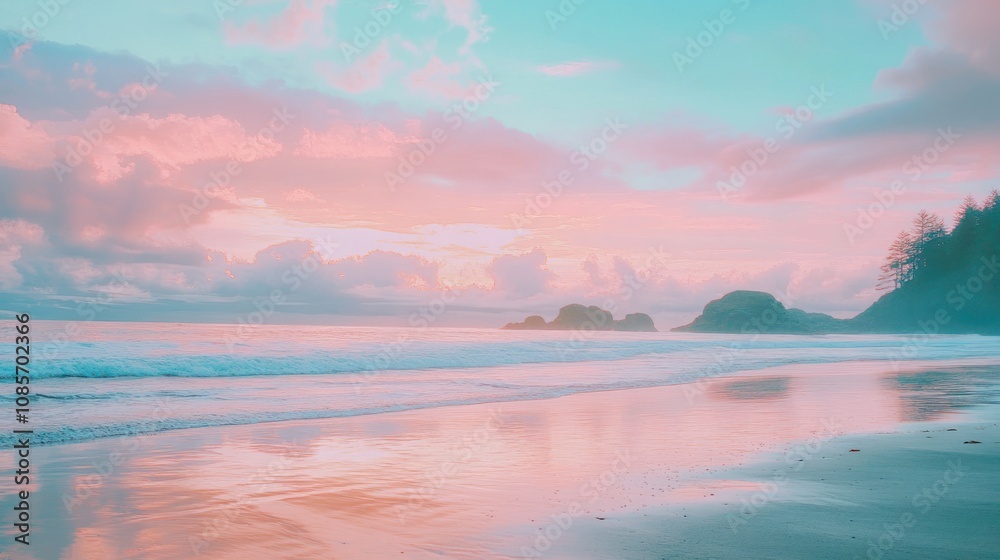 Fototapeta premium beach landscape at sunset with pastel colors reflecting on calm waters.