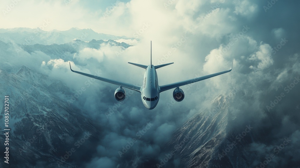 Naklejka premium Airplane in mid-air facing restricted airspace, symbolizing closed skies, no-fly zones, and travel limitations due to sanctions