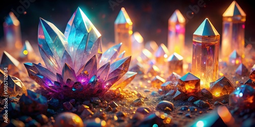 Glowing Crystal Cityscape A 3D Rendered Composition of Vibrant Gemstones, Crystal, Gem, Glow photo