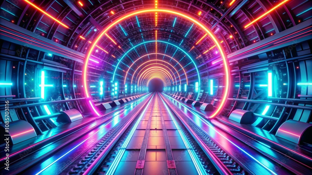 Futuristic Neon Tunnel with Escalator, 3D Render, Sci-Fi, Cyberpunk, Virtual Reality Futuristic Neon Tunnel with Escalator, 3D Render, Sci-Fi, Cyberpunk, Virtual Reality