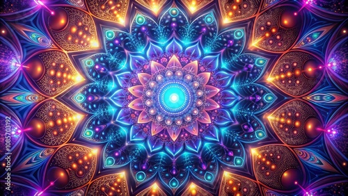 Fractal Mandala of Cosmic Bloom, Digital Art, Psychedelic Art, Mandala