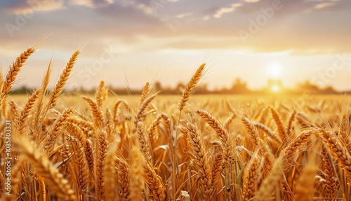 Close up golden wheat trees with sunset blur background. Generative AI