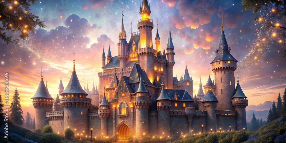 Obraz premium Enchanted Castle at Sunset with Magical Glow, Fantasy, Castle, Magic