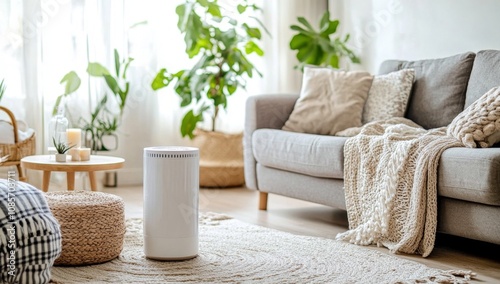 Living Room with Grey Sofa, Beige Carpet, Air Purifier, and Home Decor Items, Natural Light from Large Window